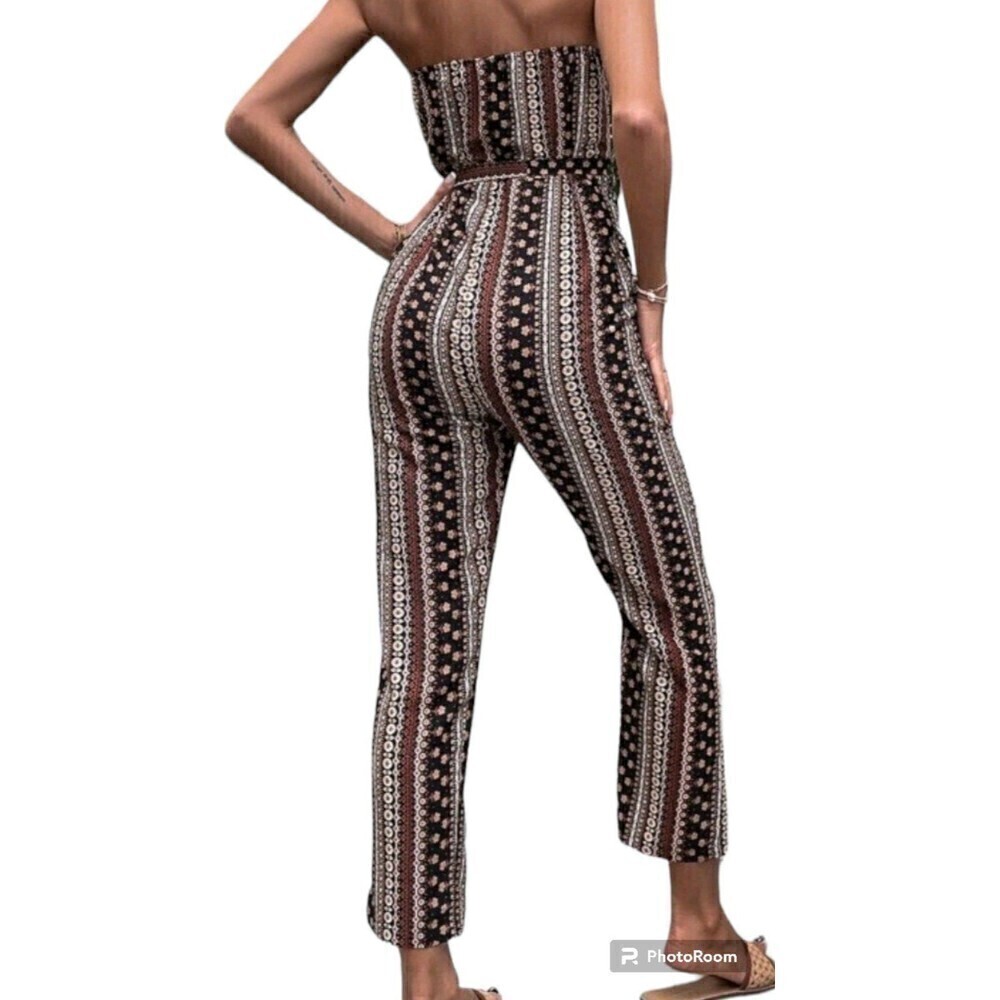 Women's Boho Floral & Geo Print Tie Back Belted Halter Jumpsuit Size Small - Picture 7 of 8